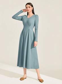 Mulvari Solid Plicated Detail Puff Sleeve A-line Dress - Dusty Blue - View 6