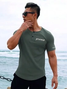 Manfinity Sport Corelite Tricou sport pentru bărbați, cu litere grafice, cu un sfert, tricou pentru antrenament, tricou de bază