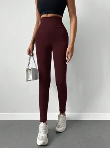 SHEIN Cottnline Solid Wideband Waist Leggings - Burgundy - View 5