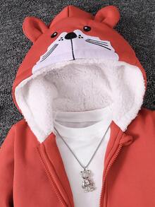 Young Boy 3D Ear Design Zip Up Thermal Lined Hoodie & Sweatpants - Brown - View 3