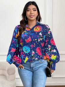 Flirla Plus Chemise Dessin Animé Manches Bouffantes