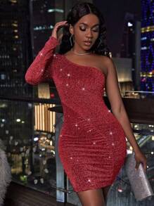 Allurite 單肩褶邊金屬亮絲緊身洋裝 - 紅色 - 查看 3