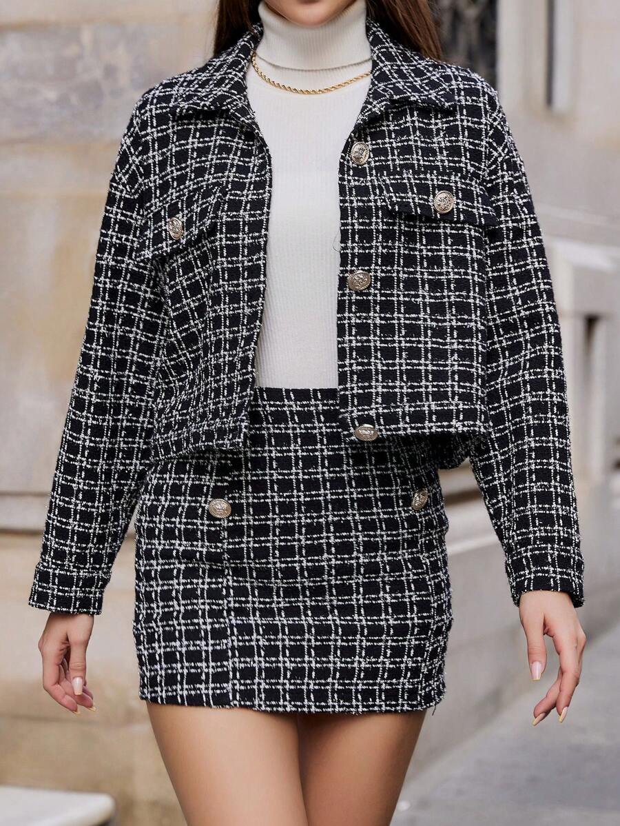 RueChic Plaid Pattern Drop Shoulder Tweed Jacket & Skirt - Black and White - View 1