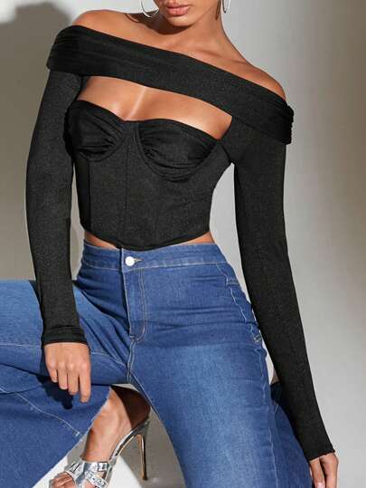 SHEIN BAE Camiseta crop de hombros descubiertos con abertura delantera pecho con fruncido