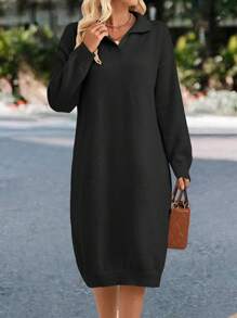 SHEIN LUNE 落肩袖毛衣洋裝不附腰帶 - 黑色 - 查看 4