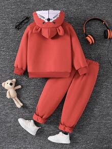 Young Boy 3D Ear Design Zip Up Thermal Lined Hoodie & Sweatpants - Brown - View 2