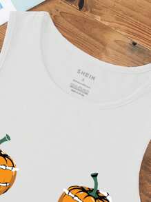 INAWLY Halloween Pumpkin Print Crop Tank Top - White - View 4