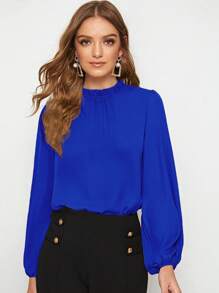 SHEIN Clasi Cổ diềm Tay áo lồng đèn Áo - Xanh đậm - Xem 1