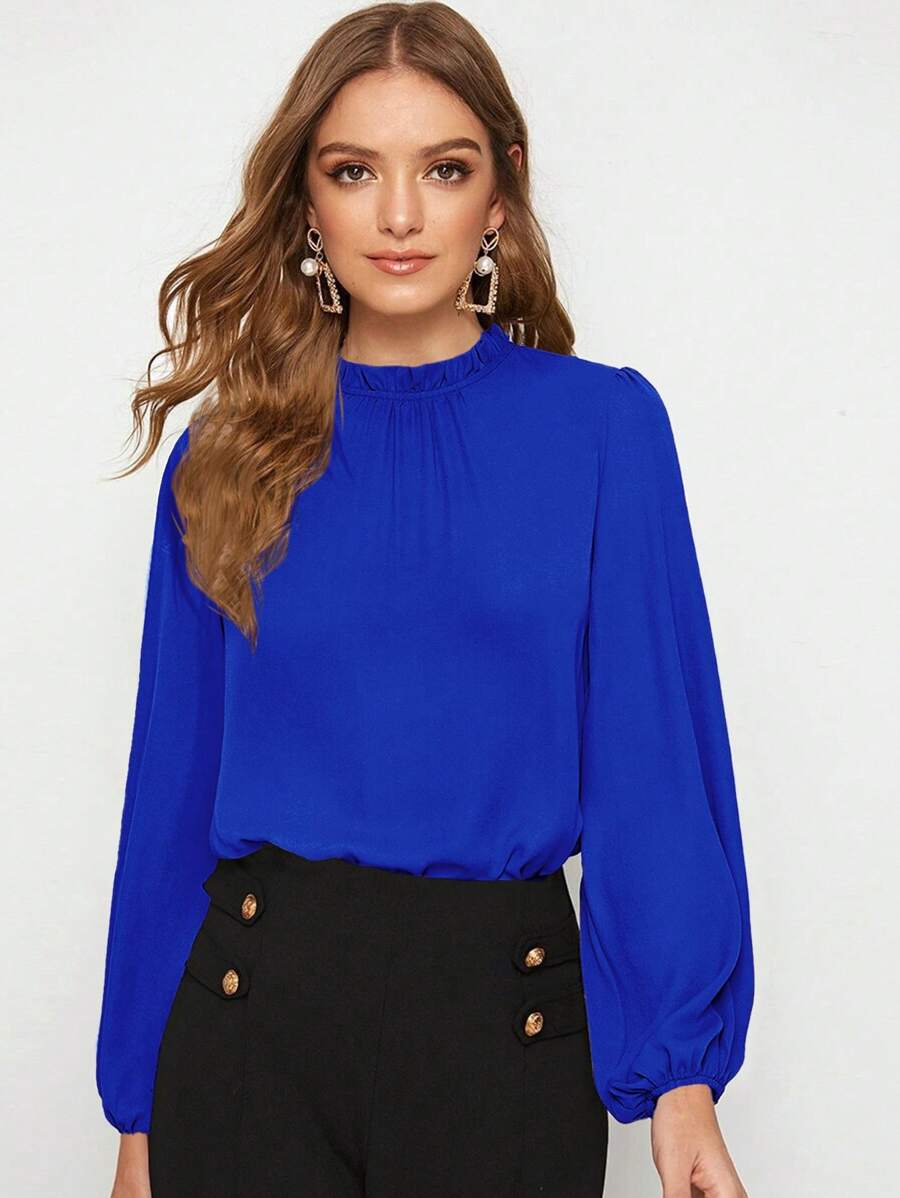 SHEIN Clasi Cổ diềm Tay áo lồng đèn Áo - Xanh đậm - Xem 1
