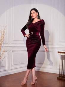 Modelyn Burgundy Red Off Shoulder Ruched Asymmetrical Hem Belted Velvet Dress - Burgundy - View 6