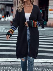 SHEIN Unity Mẫu sọc Thả vai Áo len Duster - màu đen - Xem 6