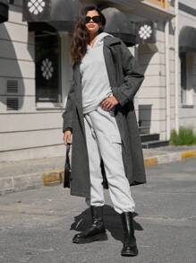 EURMUSE 落肩袖連帽腰帶長款花呢外套 - 深灰色 - 查看 3