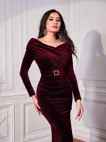 Modelyn Burgundy Red Off Shoulder Ruched Asymmetrical Hem Belted Velvet Dress - Burgundy - View 5