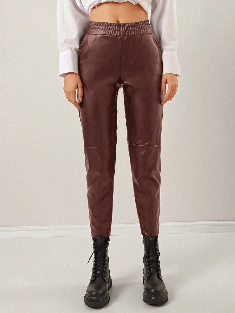 EURMUSE Solid Elastic Waist PU Leather Pants - Rust Brown - View 1