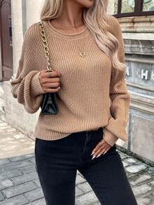 SHEIN Frenchy 素色落肩袖套頭毛衣 - 卡其色 - 查看 3