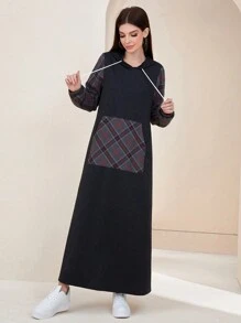 Graceveil 格子印花抽绳连帽运动衫连衣裙，长袖上衣，朴素 - 黑色 - 查看 5