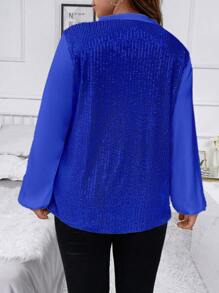 Flirla Plus Notched Neckline Lantern Sleeve Sequin Blouse For Holiday Party Clothes Party Top For Women Fall Cloth For Women - Blue - View 2
