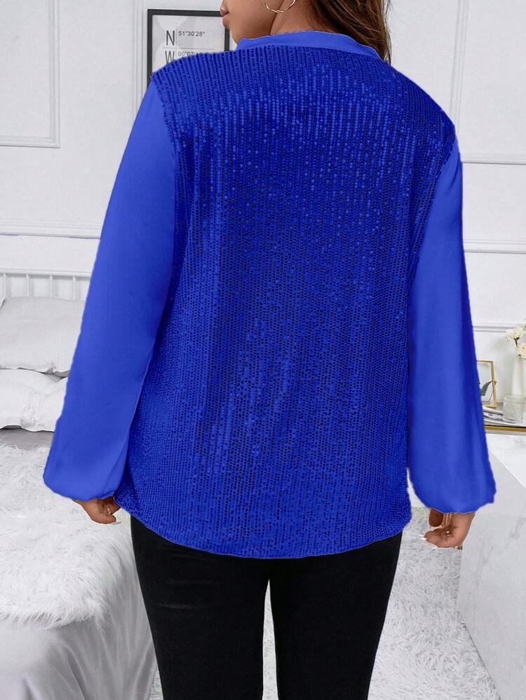 Plus Notched Neckline Lantern Sleeve Sequin Blouse For Holiday Party Clothes Party Top For Women Fall Cloth For Women