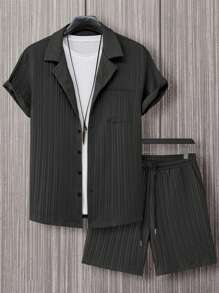 Manfinity Homme 男士素色前排扣襯衫&腰部抽繩短褲 - 黑色 - 查看 4