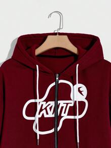 Manfinity Homme 男士寬鬆字母圖形拉鍊連帽衫,帶有保暖襯裡和腰帶 - 酒紅色 - 查看 4