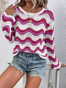 SHEIN LUNE Chevron Pattern Pointelle Knit Drop Shoulder Sweater - Rose Red - View 5