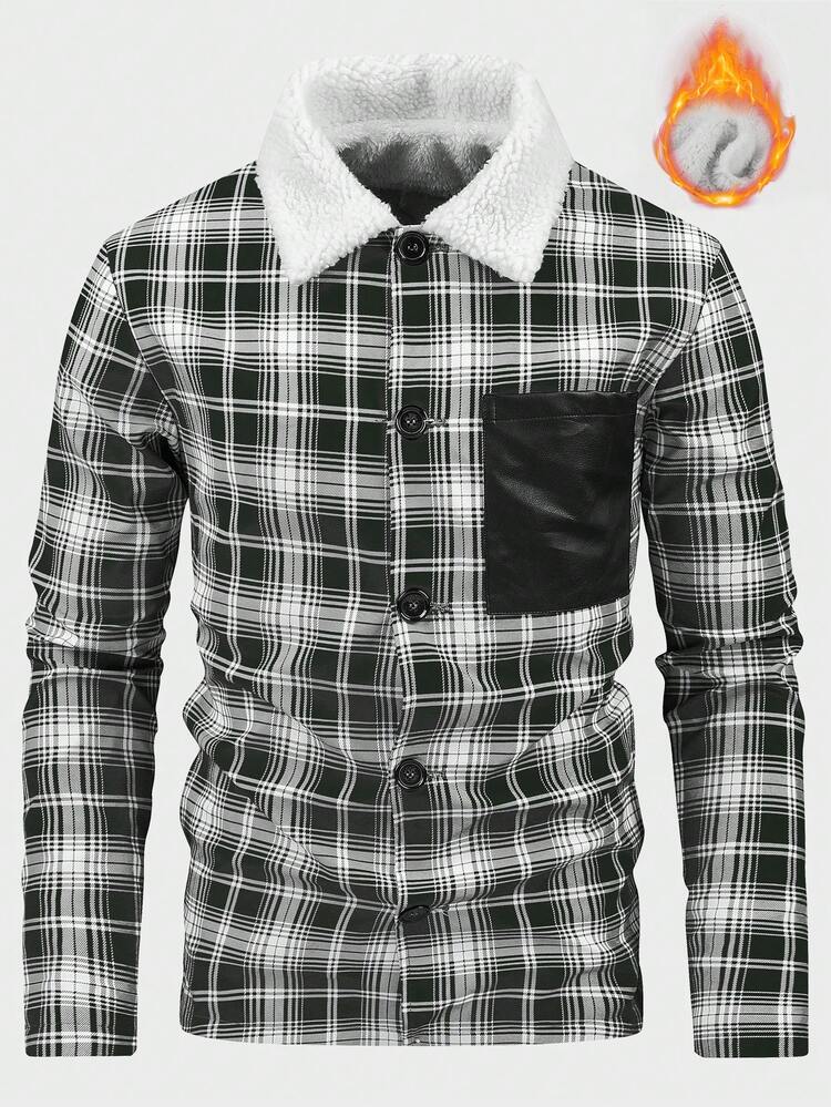 Men Plaid Print Borg Collar Thermal Lined Jacket