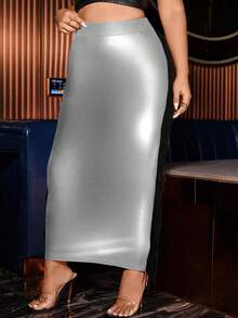 Cravure Plus Fringe Trim Metallic Pencil Skirt - Silver - View 3
