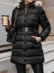 SHEIN Cottnline Fuzzy Trim Hooded Puffer Coat - Black - View 1