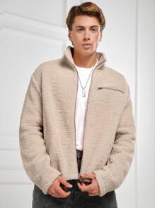 SHEIN Cottnline Men Zip Up Teddy Jacket - Apricot - View 6