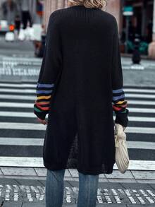 SHEIN Unity Mẫu sọc Thả vai Áo len Duster - màu đen - Xem 2