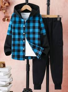 SHEIN Tween Boy Gingham Print Hooded Shirt & Pants Without Tee