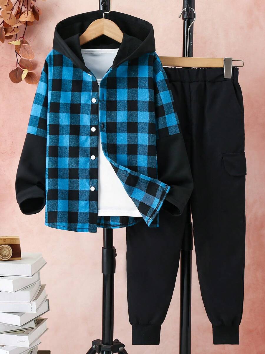 SHEIN Tween Boy Gingham Print Hooded Shirt & Pants Without Tee
