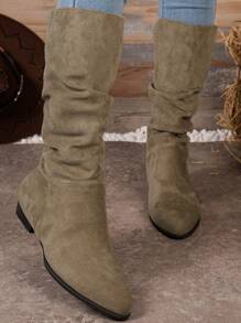 女式秋冬皺紋中筒靴,時尚低跟便膠短靴 - 卡其色 - 查看 5