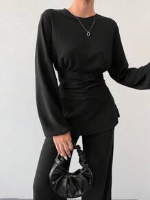 EURMUSE 素色落肩袖褶邊T恤和闊腿褲 - 黑色 - 查看 4