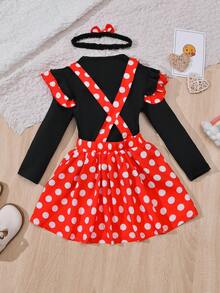 SHEIN Young Girl Polka Dot Ruffle Trim Tee & Bow Front Pinafore Skirt & Headband - Multicolor - View 2