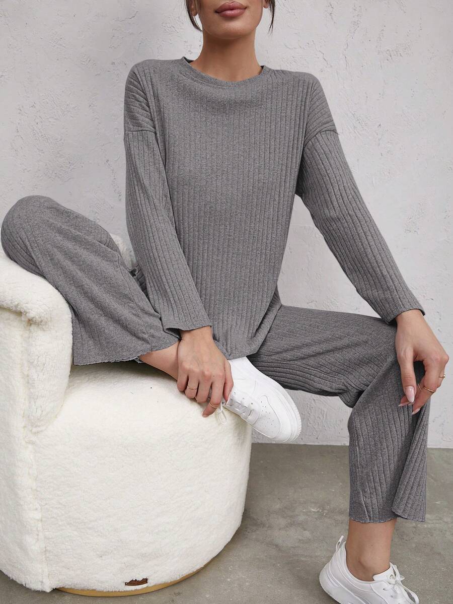 EURMUSE 2pcs Solid Color Loose Fit T-shirt And Long Pants Set - Grey - View 1