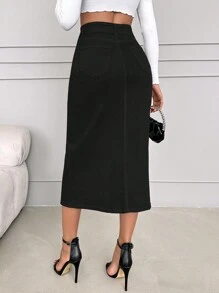 SHEIN Cottnline 純色高腰前拆縫合身牛仔裙 - 黑色 - 查看 2