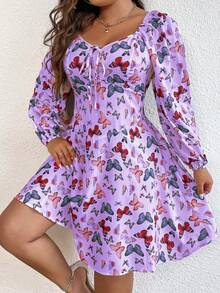 Flirla Plus Butterfly Print Knot Front Lantern Sleeve Dress - Multicolor - View 3