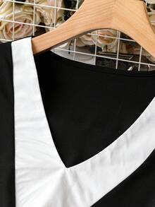 SHEIN Clasi Plus Contrast Panel Lantern Sleeve Blouse - Black - View 5