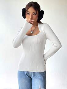 SHEIN EZwear 素色二合一條紋針織套頭毛衣 - 白色 - 查看 5