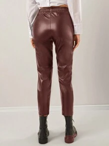 EURMUSE Solid Elastic Waist PU Leather Pants - Rust Brown - View 2