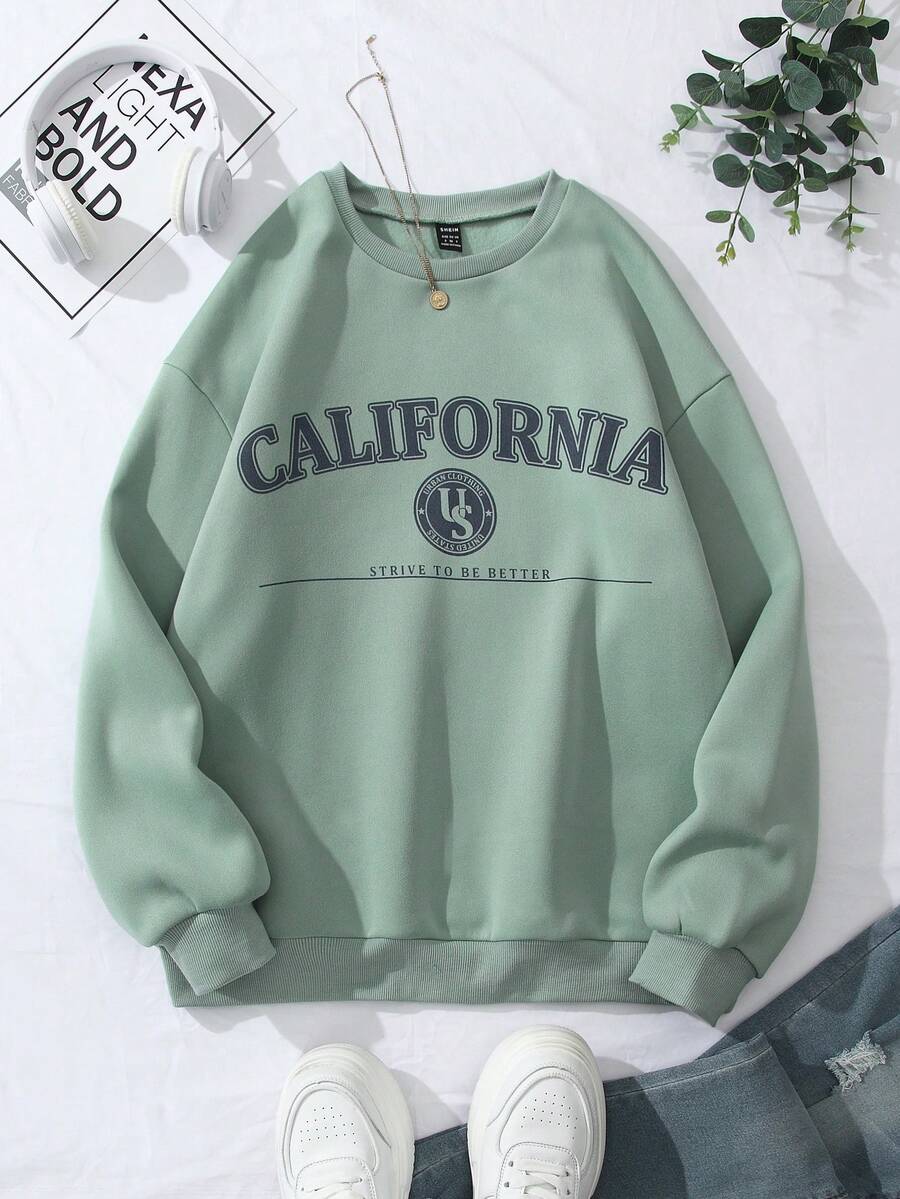 SHEIN Qutie Letter Graphic Drop Shoulder Thermal Lined Sweatshirt - Green - View 1