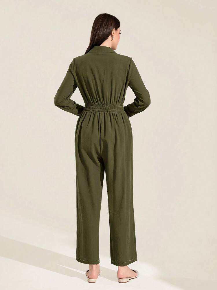 Solid Button Front Shirt Jumpsuit