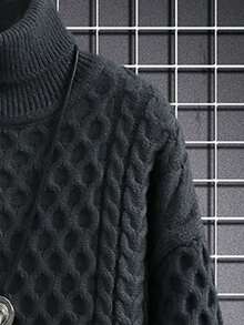 Men Turtleneck Cable Knit Drop Shoulder Sweater - Black - View 4