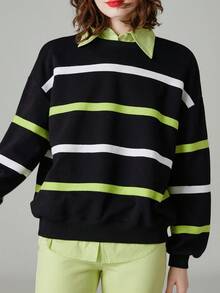 新到貨女款圓領條紋長袖套頭衫,秋季 - 黑色 - 查看 4