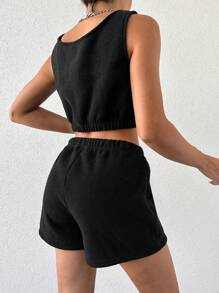 RueChic Solid Crop Tank Top & Shorts Lounge Set - Black and White - View 3