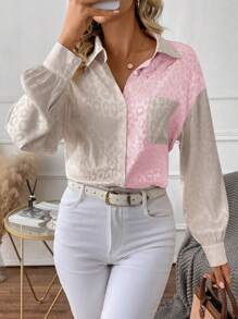 SHEIN Clasi Báo Dệt hoa Khối màu Thả vai Áo sơ mi - Bụi hồng - Xem 1