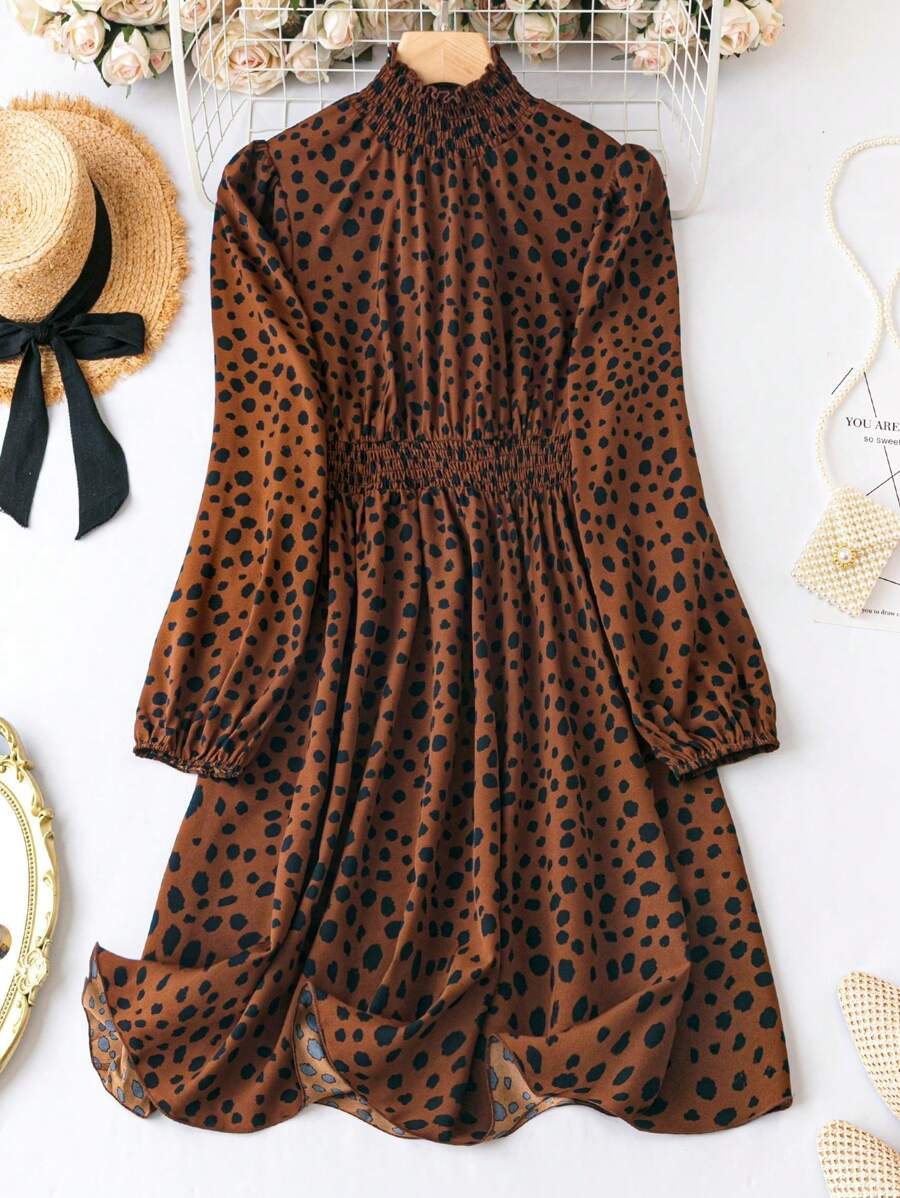 SHEIN Clasi Plus Dalmatian Print Lantern Sleeve Dress - Brown - View 1