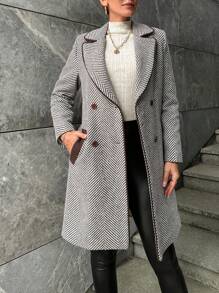 EURMUSE Herringbone Pattern Double Breasted Overcoat - Coffee Brown - View 1