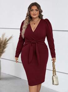 SHEIN Clasi Plus Surplice Neck Knot Front Bodycon Dress - Burgundy - View 5